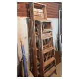Three vintage wooden ladders, folding ladders,