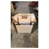 Antique, heavy duty storage box with top pole
