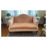 Small vintage peach velvet sofa, couch