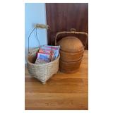 2 woven baskets, both with handles, one is a