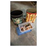 Two vintage trash cans, and a small tub with some