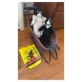 Small basket sled with porcelain cat head, dolls,