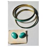 3 pieces green malachite jewelry, pair of polished