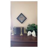 Group light, brass candlesticks, grape bookends,