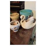 4 vintage flower pots, one white, ceramic swan,
