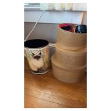 Cat decorated metal trashcan with three oval