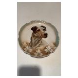 Antique German plate with a terrier, dog and leaf