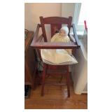 Vintage wooden doll, highchair, with a small