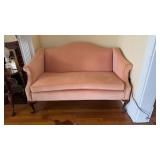 Small vintage peach velvet sofa, couch