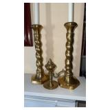 Pair tall, brass candlesticks with one small oil