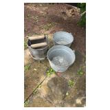 3 galvanized buckets, one with a vintage wood