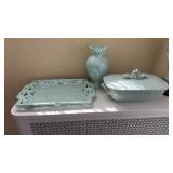 Three pieces of mint, green, ceramic ware, molded
