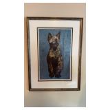Blue and black framed cat print, signed and