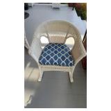 White wicker, rocking chair, with blue and white
