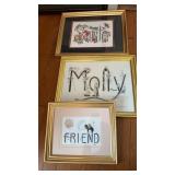 3 framed art pieces, name portraits by Charla,