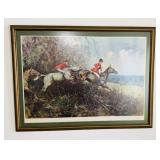 Large vintage framed fox hunt print, red coat,