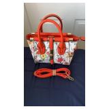 white & orange Dasein satchel features a vibrant