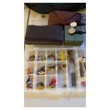 Box of flyfishing, hooks, and divided box, with a
