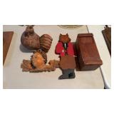 4 antique wood pieces, a hand-painted, wood, fox,