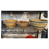 3 antique yellow wear mixing bowls, with blue and