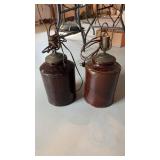 2 antique brown, glazed, stoneware, crock table,