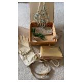 Antique quilted box with gold tone, metal purse,