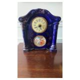Antique German blue, ceramic clock, with gold