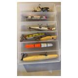 8 vintage wood, fishing, lures, with the hooks,