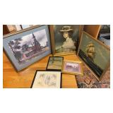 Six pieces of framed art, a sailing ship, a fox
