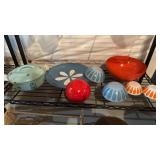 Collection of vintage enamel, metal bowls, tray,