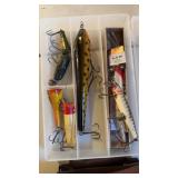 Five vintage wood, fishing lure, three painted