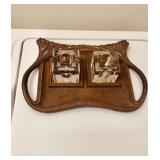 Antique Art Nouveau ink pen stand with two glass