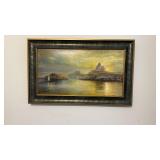 Framed lighthouse, sailboat, print on canvas,