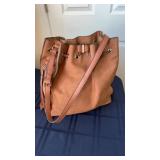 Brown leather satchel by Justfab, brass