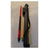 Billiards pool stick, two sections, and a hard