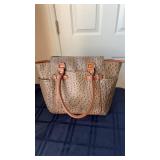 Tan ostrich, skin, purse, bag, satchel, brown,