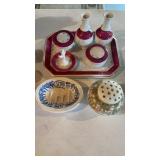 Antique porcelain dresser set, with a ring tree,