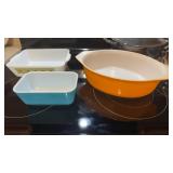 3 pyrex, serving dishes, tangerine orange oval