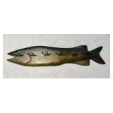 Antique carved wood, painted fish, fishing rod