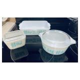 3 vintage Pyrex dishes, Amish butter print