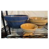 3 antique mixing bowls, one large 12 inch blue