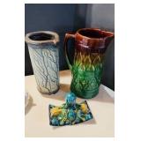 3 pottery pieces, includes a green octopus,