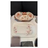Antique covered casserole dish, painted in orange