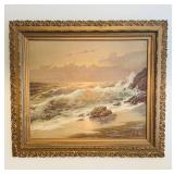 Large antique gold, framed ocean print, sunset,