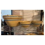 3 antique yellow ware mixing bowls, one large blue