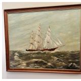 Antique original Oil Painting sailing ship on the