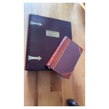 Wood book box with brass hinges and plaque, and a