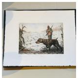Engraving of a hunter with his pointer dog in the