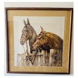 Large framed horse print on silk, framed and