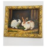 Small original Oil Painting two bunny rabbits, in